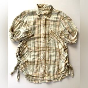 Free People Nordic Day Lace Up Flannel Tunic Medium White Yellow Gauze Top Beach